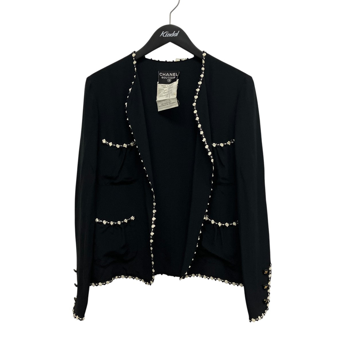 CHANEL フラワートリムココマークボタンノーカラーツイードパイピングジャケットP02660 古着・中古-1枚目のアイテム画像