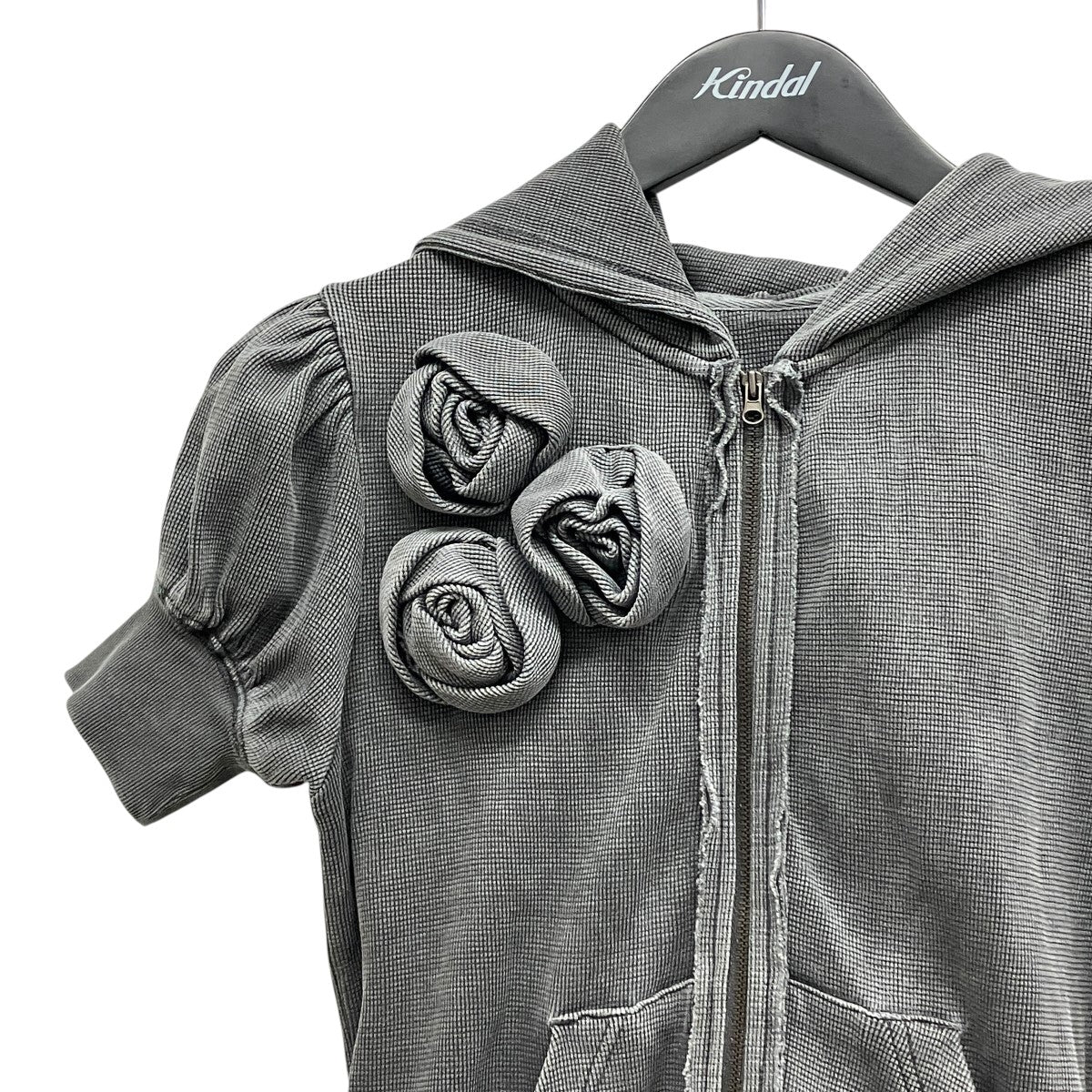 Washed Rose Hoodie Zip-Upジップアップコサージュ半袖パーカー