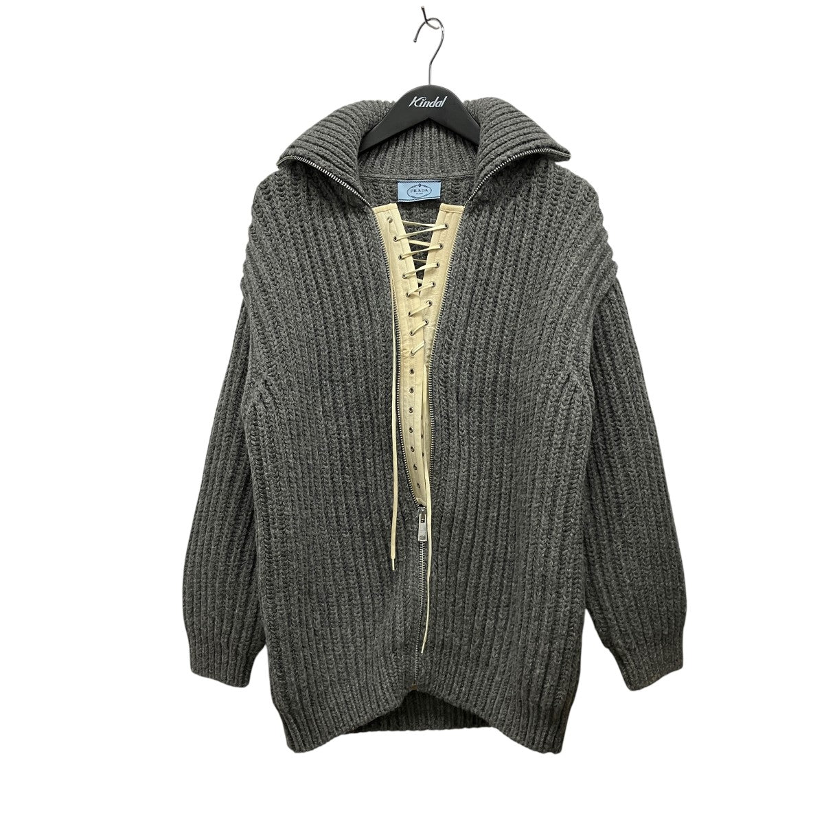 PRADA(プラダ) シェットランドウールレースアップカーディガン グレー