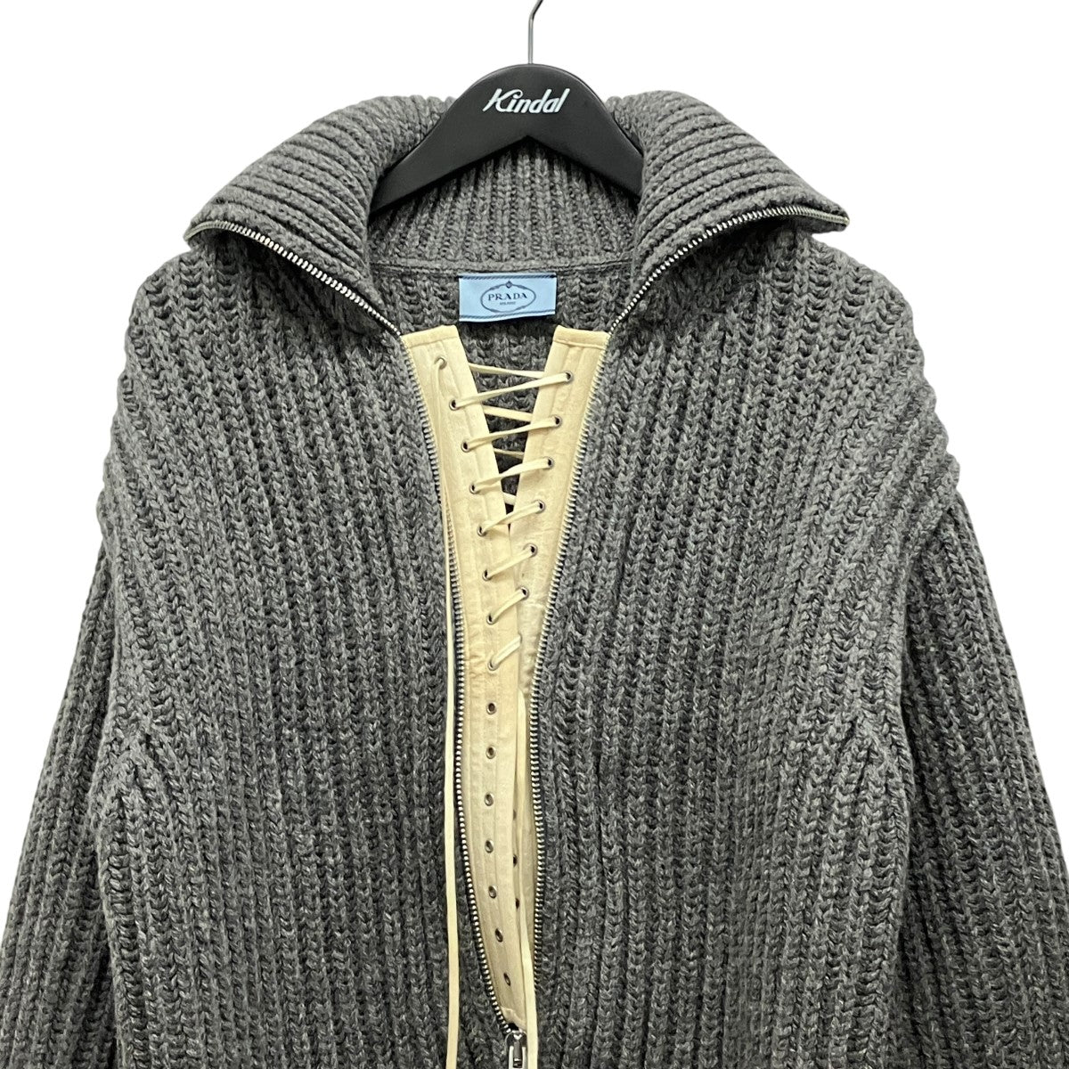 PRADA(プラダ) シェットランドウールレースアップカーディガン グレー