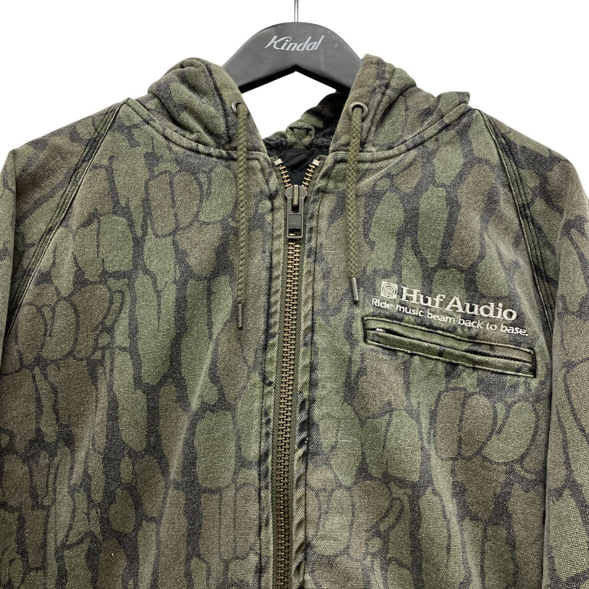 Audio Hooded Jacket総柄フーデットボアジップアップ刺しゅうロゴジャケット
