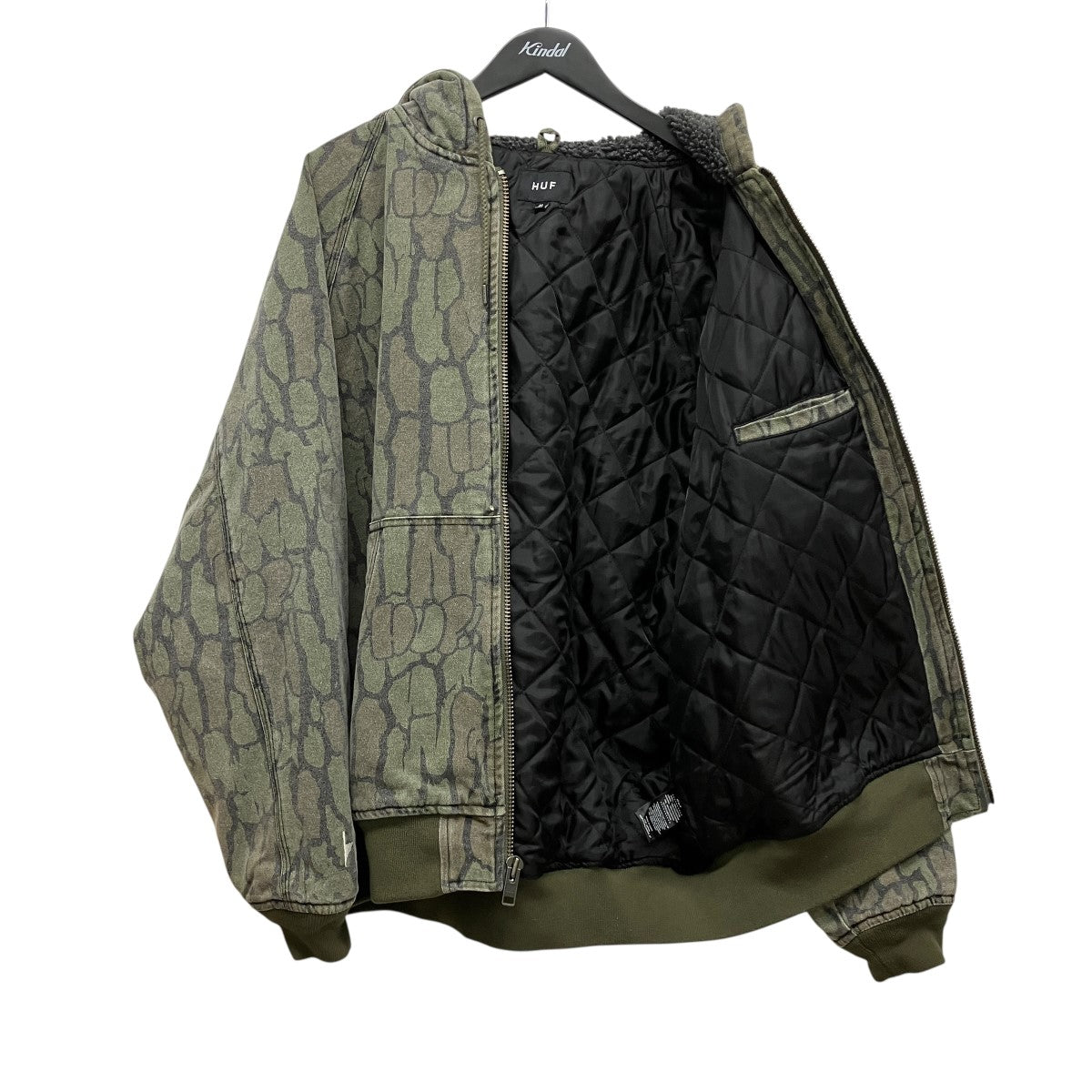 Audio Hooded Jacket総柄フーデットボアジップアップ刺しゅうロゴジャケット