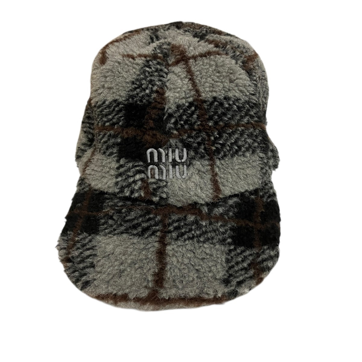 MIU MIU チェック柄ロゴ刺しゅうボアキャップ5HC369 古着・中古-2枚目のアイテム画像