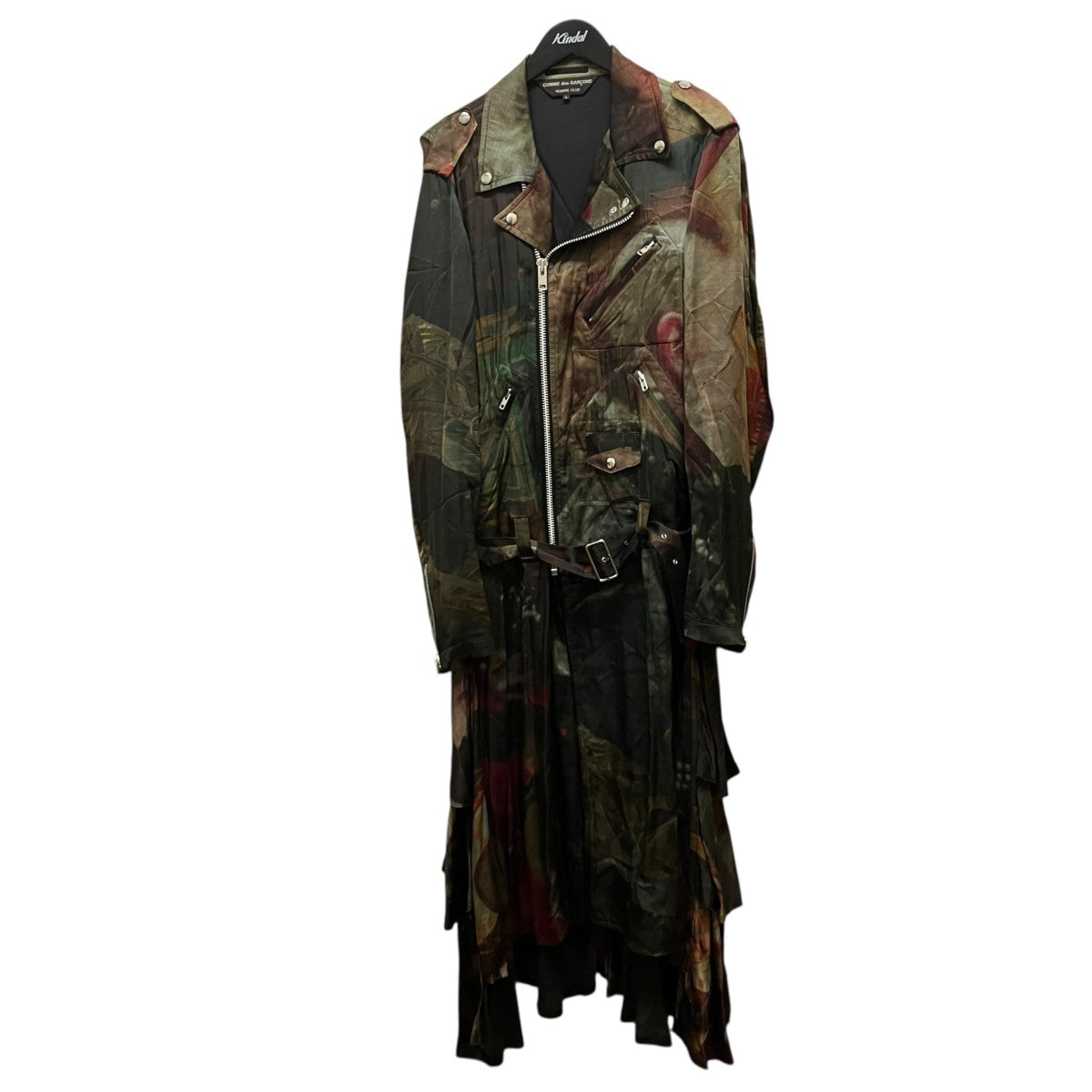 20SSPRINTED BIKER JACKET総柄シースルーフリルロングライダースジャケットPE-C003