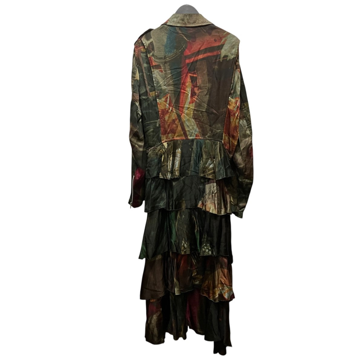 20SSPRINTED BIKER JACKET総柄シースルーフリルロングライダースジャケットPE-C003