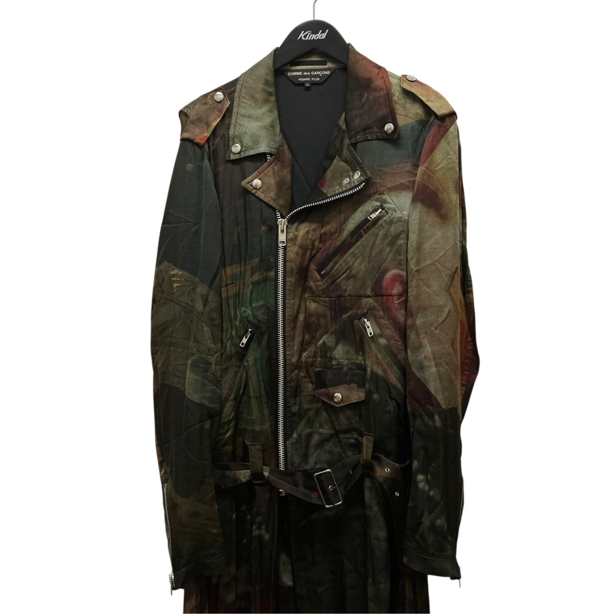 20SSPRINTED BIKER JACKET総柄シースルーフリルロングライダースジャケットPE-C003