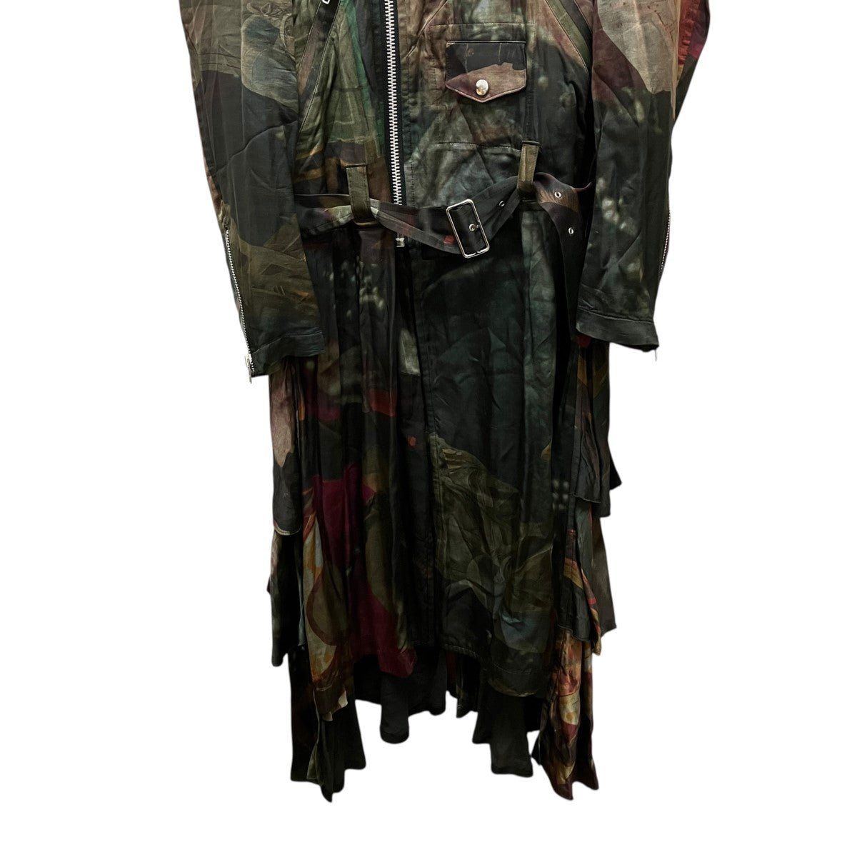 20SSPRINTED BIKER JACKET総柄シースルーフリルロングライダースジャケットPE-C003