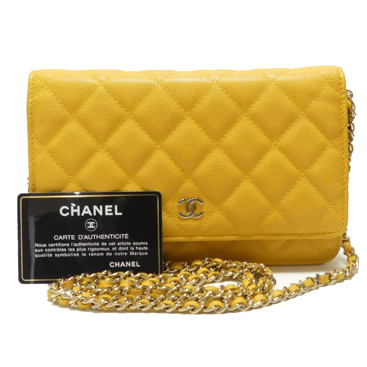 CHANEL(シャネル) マトラッセ ココマーク キャビアスキン レザーチェーンウォレット 26番 - イエロー × ゴールド｜【公式】カインドオルオンライン  ブランド古着・中古通販【kindal】