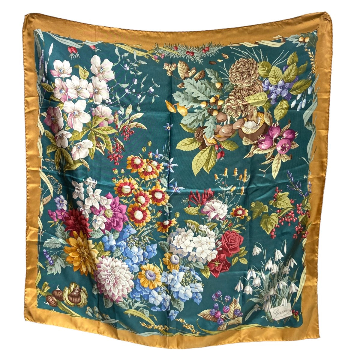 GUCCI(グッチ) 花柄大判スカーフ グリーン×オレンジ｜【公式】カインドオルオンライン ブランド古着・中古通販【kindal】