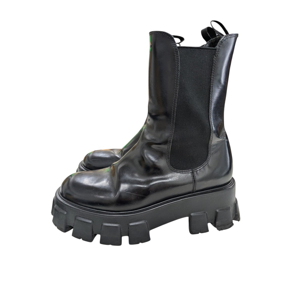 美品 PRADA モノリス ブーツ レザー サイドゴア ロゴプレート 現行 黒 PRADA(プラダ) / モノリス/ブラッシュドレザー/サイドゴアブーツ