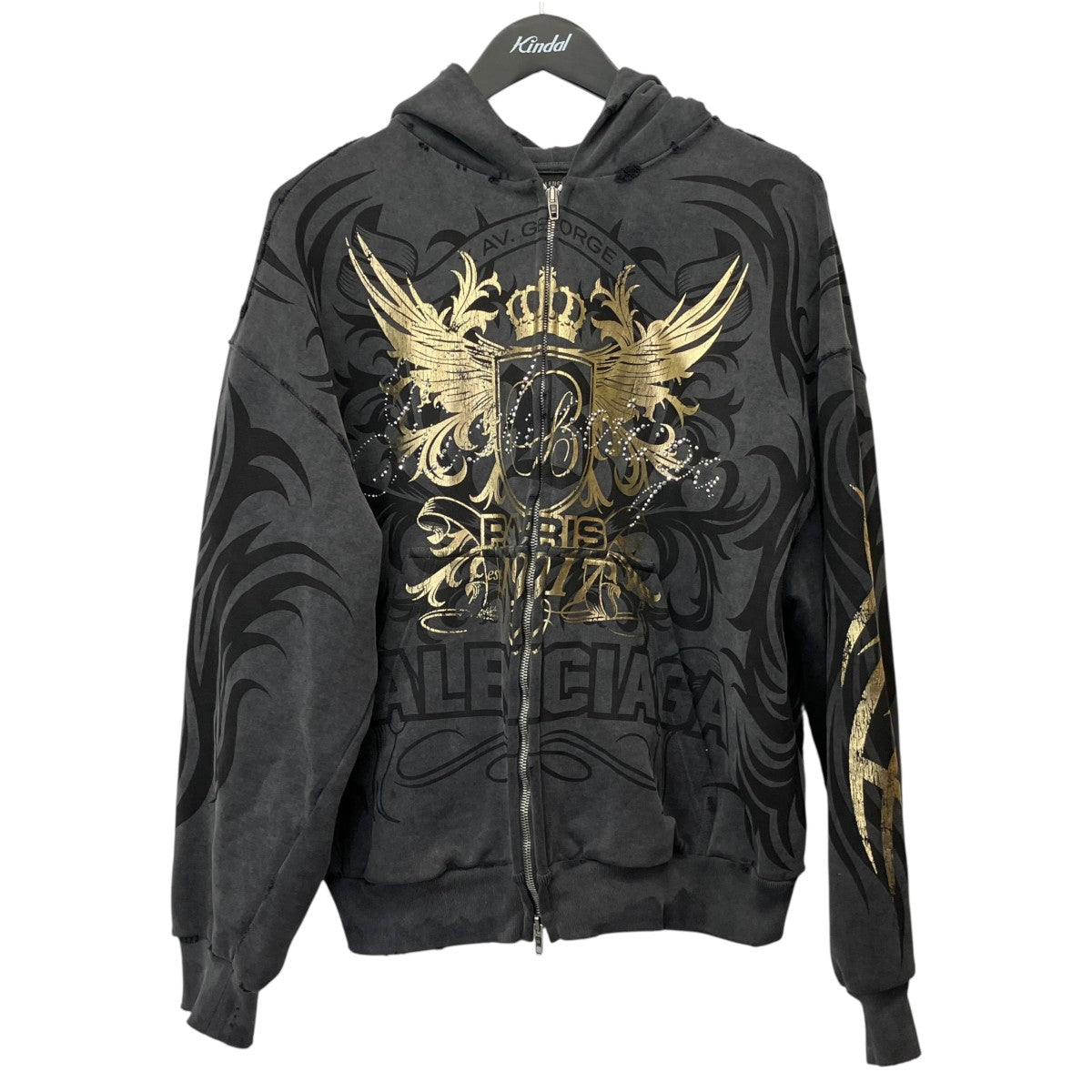 25SSTACKY GOLD REGULAR ZIP-UP HOODIEダメージ加工 ラインストーンダブルジップパーカー803264 TRVR6
