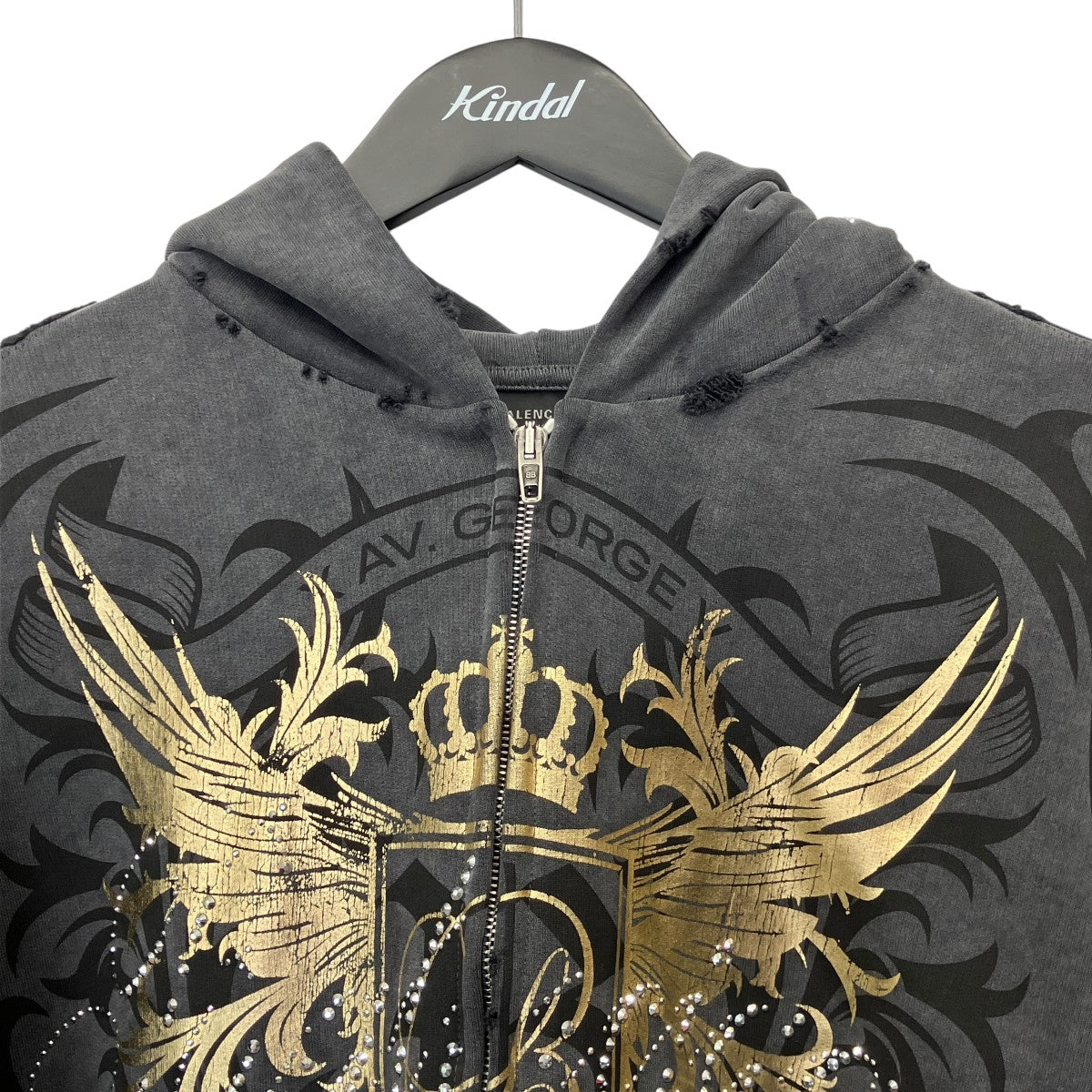 25SSTACKY GOLD REGULAR ZIP-UP HOODIEダメージ加工 ラインストーンダブルジップパーカー803264 TRVR6