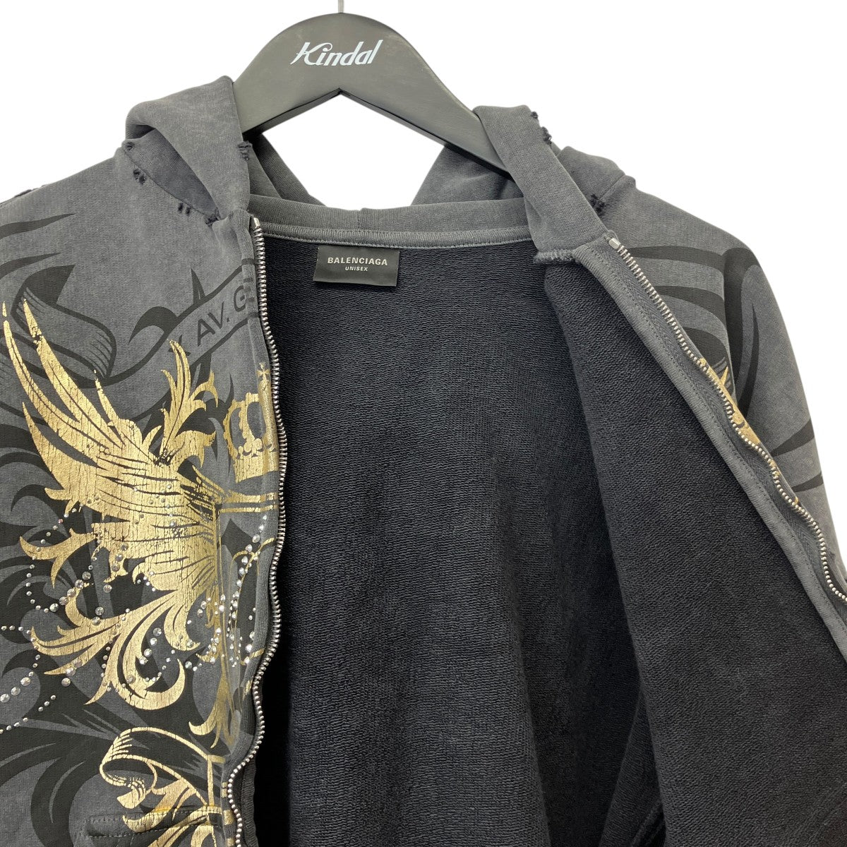 25SSTACKY GOLD REGULAR ZIP-UP HOODIEダメージ加工 ラインストーンダブルジップパーカー803264 TRVR6