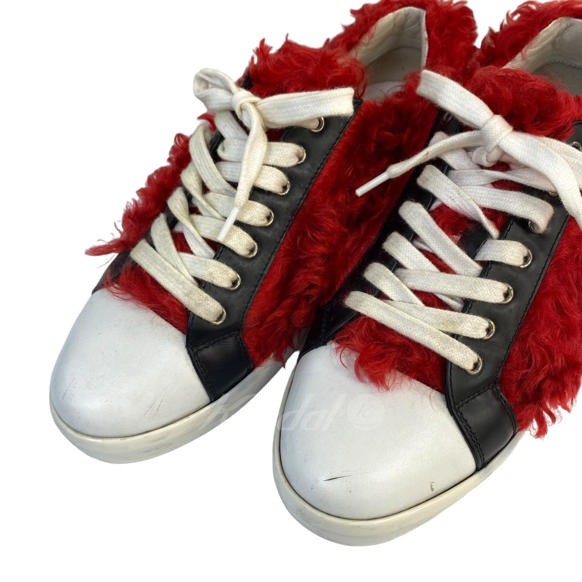 PRADA(プラダ) ファーデザイン ローカットスニーカー ホワイト×レッド