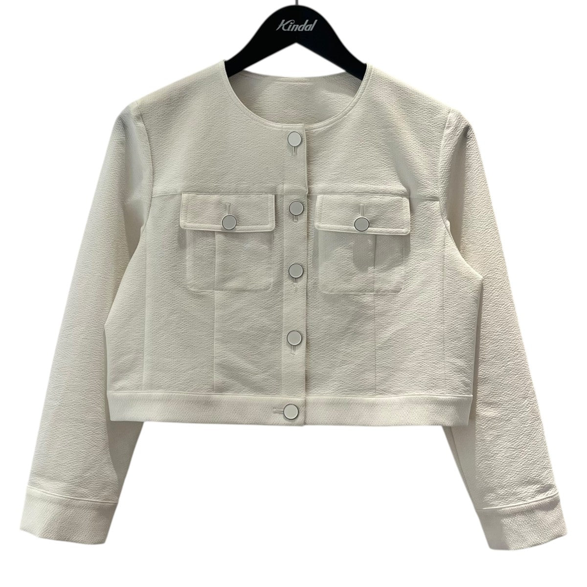 完売★ANAYIサッカーストレッチクロップドブルゾン ノーカラージャケット ANAYI(アナイ) サッカーストレッチクロップドブルゾン ホワイト