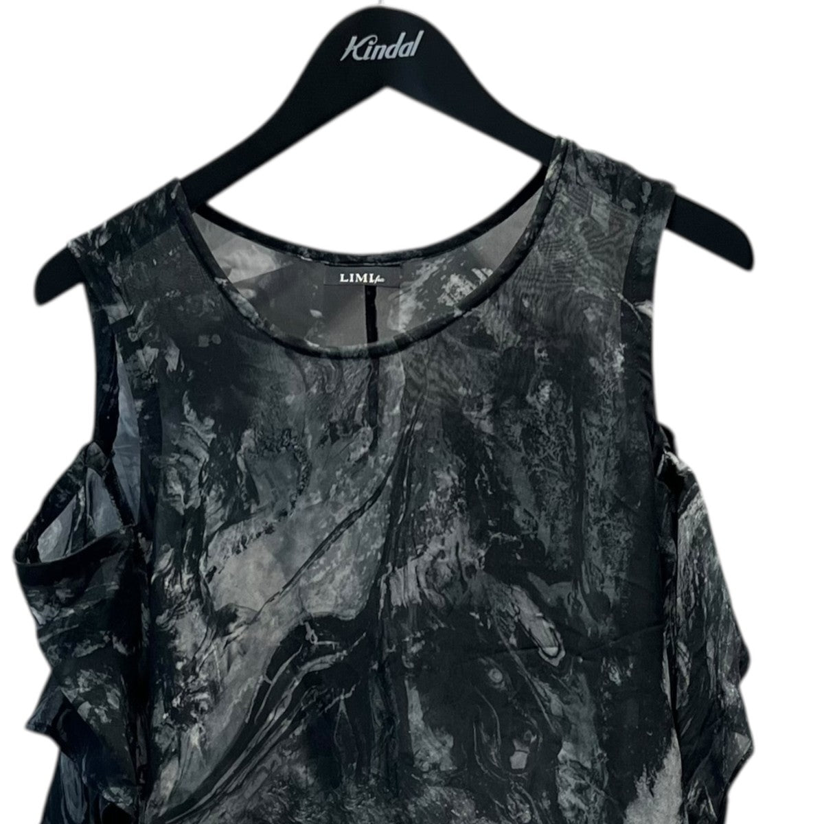 25SSCOLLAGE PRINT OPEN SHOULDER BLOUSEマーブルコールドショルダードレスLP-B02-207-1