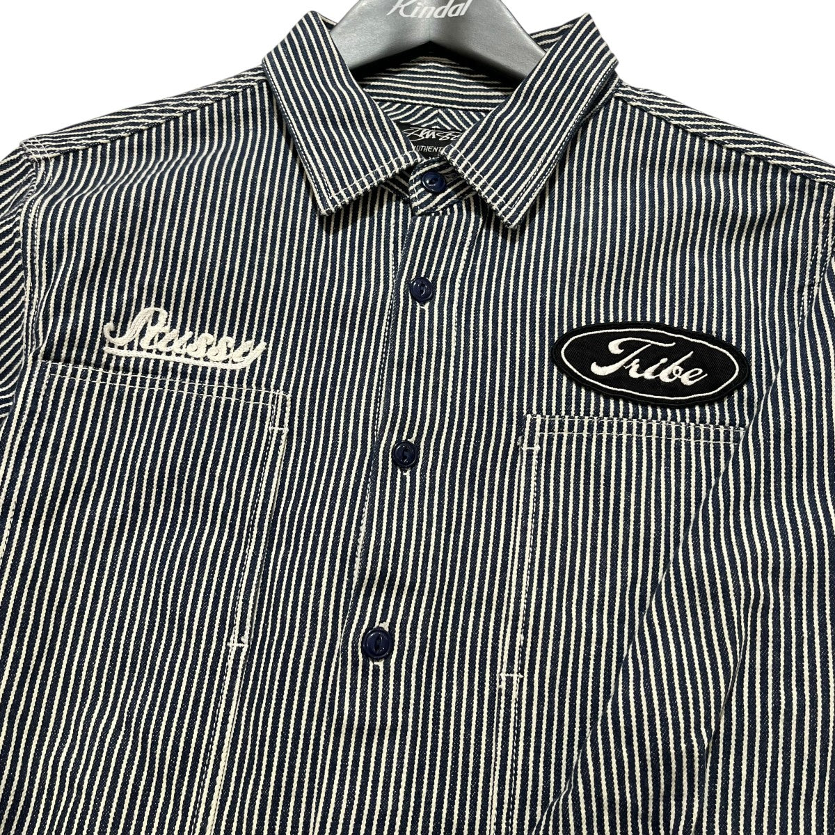 stussy 刺繍 バックロゴ ヒッコリーワークシャツ 半袖　Mサイズ stussy(ステューシー) ワークシャツﾋｯｺﾘｰﾃﾞﾆﾑﾜｰｸｼｬﾂｼﾞｬｹｯﾄ ﾋｯｺﾘｰﾃﾞﾆﾑ