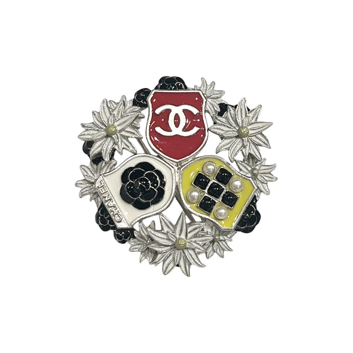 CHANEL カメリア エンブレム シールド ココマーク ブローチ シルバー メタル フェイクパール A15A刻印 古着・中古-1枚目のアイテム画像