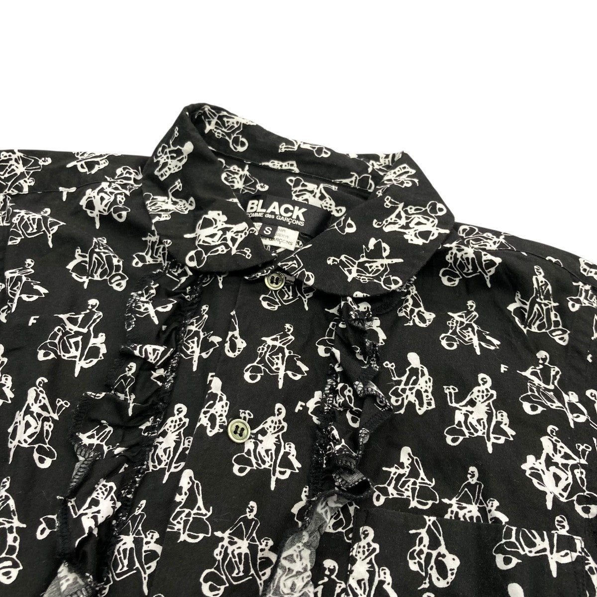 A13191 ブラックコムデギャルソン 18AW 袖切替 総柄シャツ 白黒 S