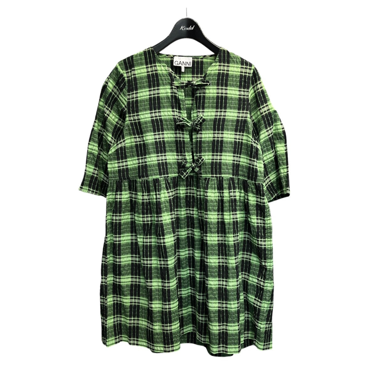 Seersucker Check U-neck Maxi Smock Dress半袖チェックワンピースF7608
