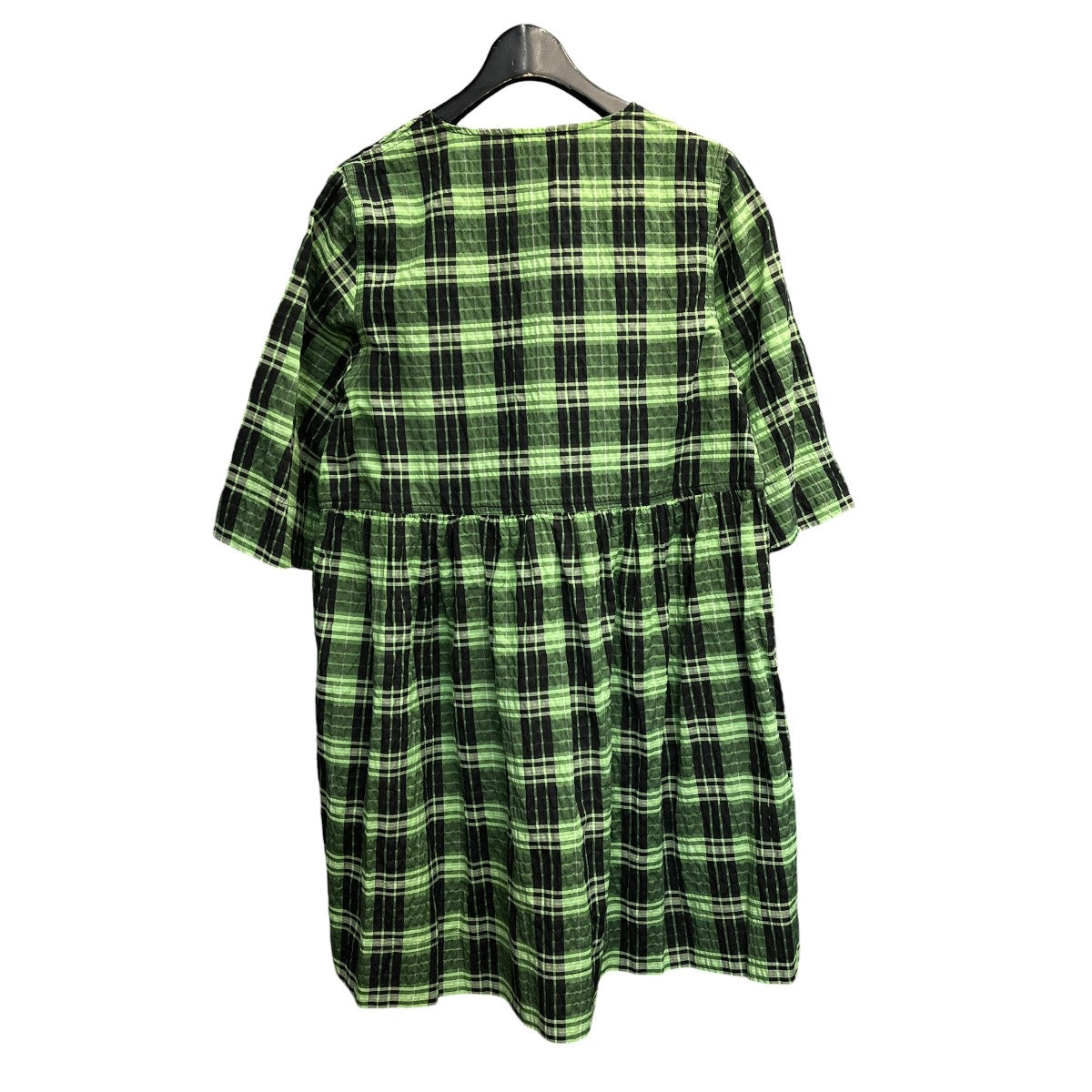 Seersucker Check U-neck Maxi Smock Dress半袖チェックワンピースF7608