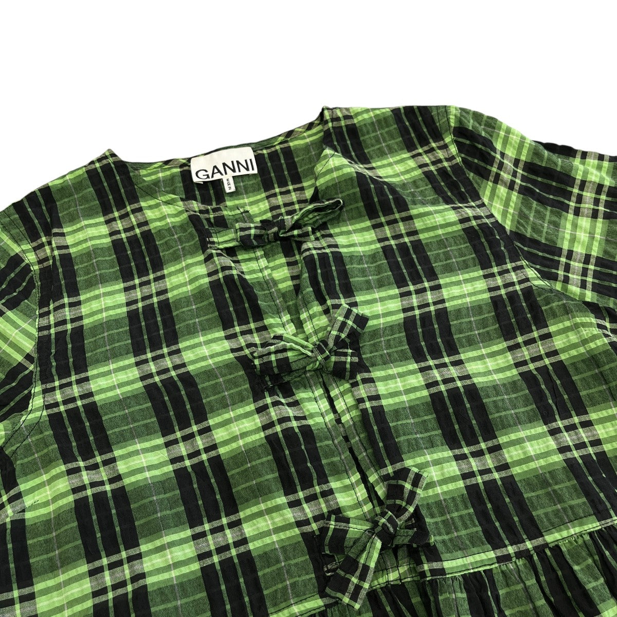 Seersucker Check U-neck Maxi Smock Dress半袖チェックワンピースF7608