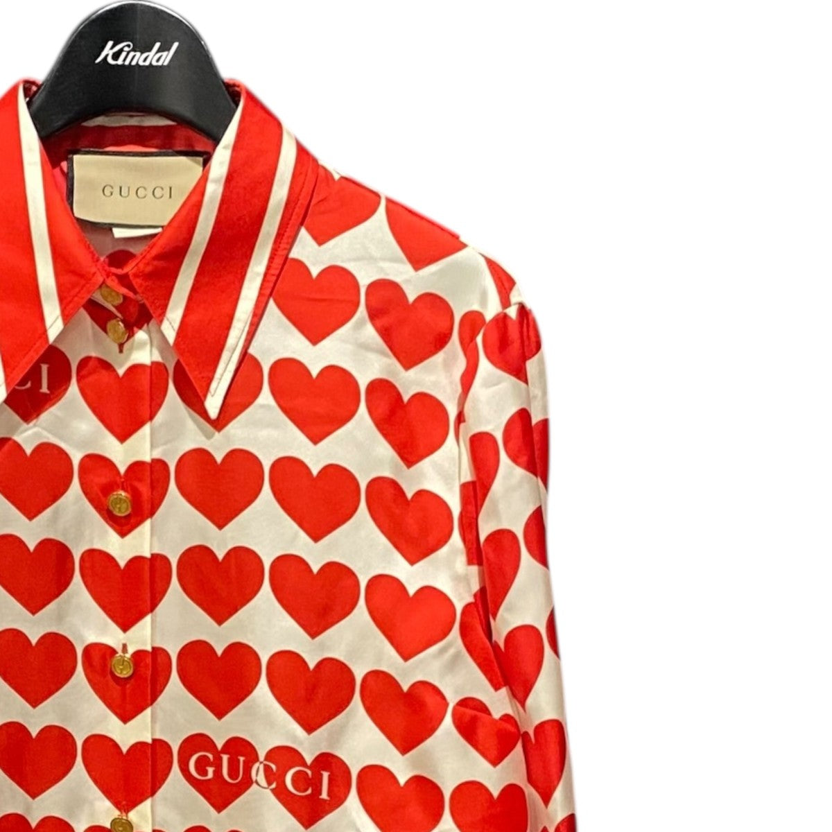 GUCCI◆ハートプリントボウタイシルクシャツ/長袖シャツ/36/シルク/RED/686549 GUCCI(グッチ) ハートプリントボウタイ付シルクブラウス686549