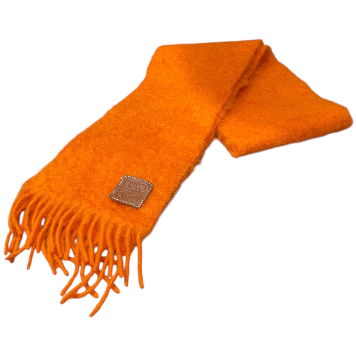 【美品】LOEWE レザー ロゴパッチ モヘア ウール フリンジ マフラー 美品】LOEWE レザー ロゴパッチ モヘア ウール フリンジ マフラー