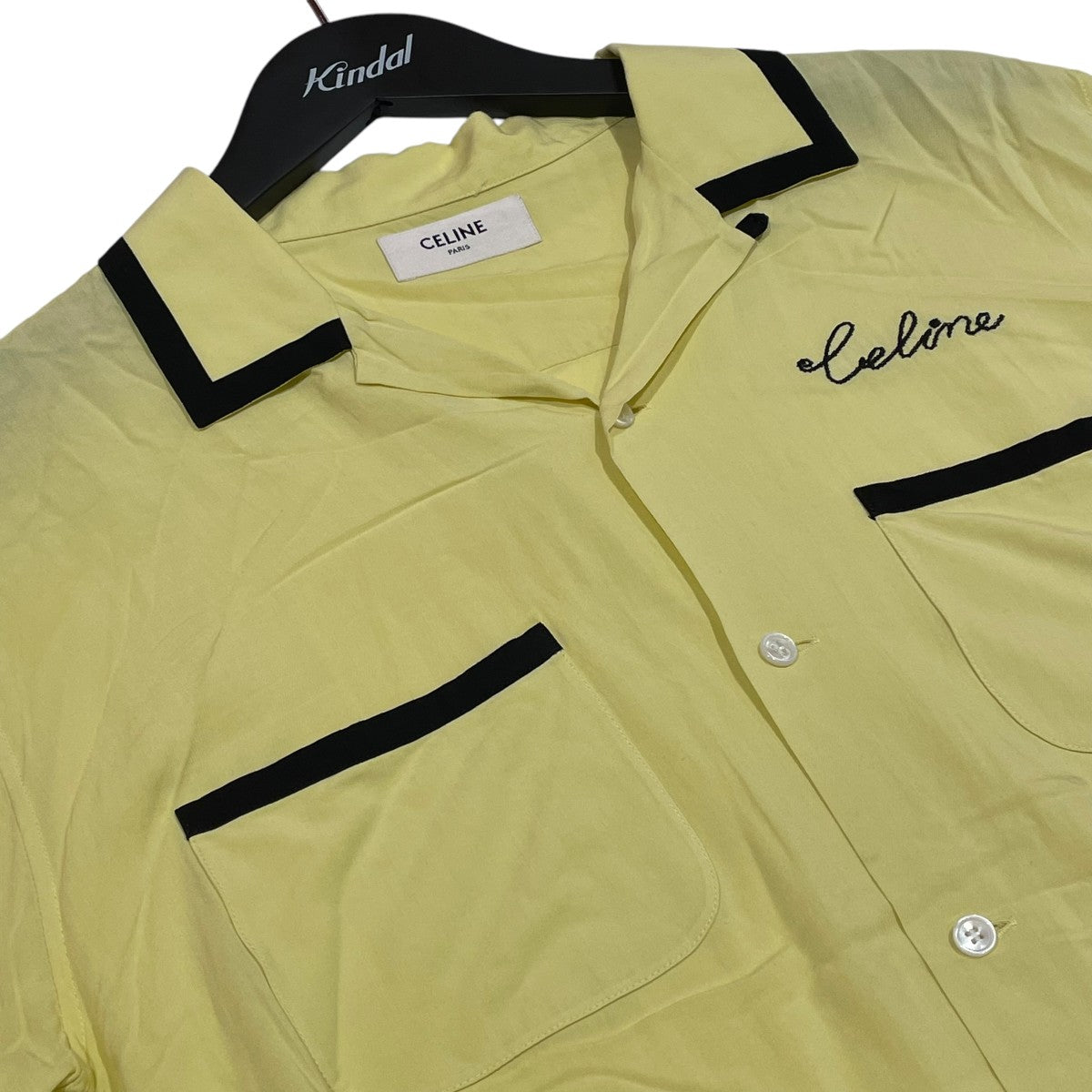 【極美品】セリーヌ　ノーカラーシャツ　イエロー　サイズL 半袖シャツ　リネン　麻 新品 リネンノーカラービッグチェックシャツ イエロー 極美品