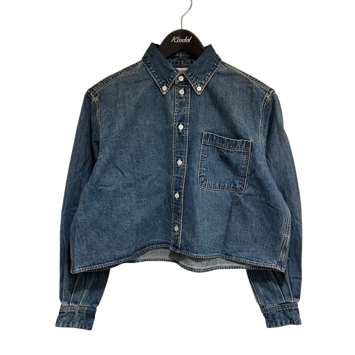 【人気モデル】セリーヌ☆総柄入りデニムTシャツ トリオンフロゴ 入手困難 美品 CELINE(セリーヌ) トリオンフ刺繍入り クロップドシャツデニム