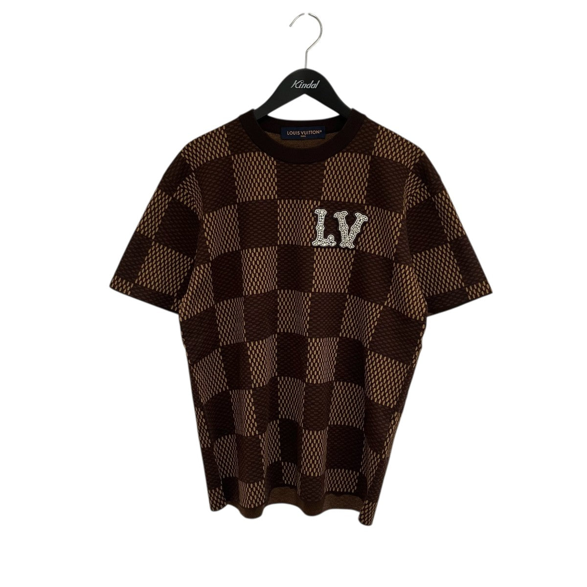 LOUIS VUITTON 24SSショート スリーブコットン ダミエ クルーネック ウィズストラス LVパッチロゴTシャツRM241 AUR HQN63W 古着・中古-1枚目のアイテム画像