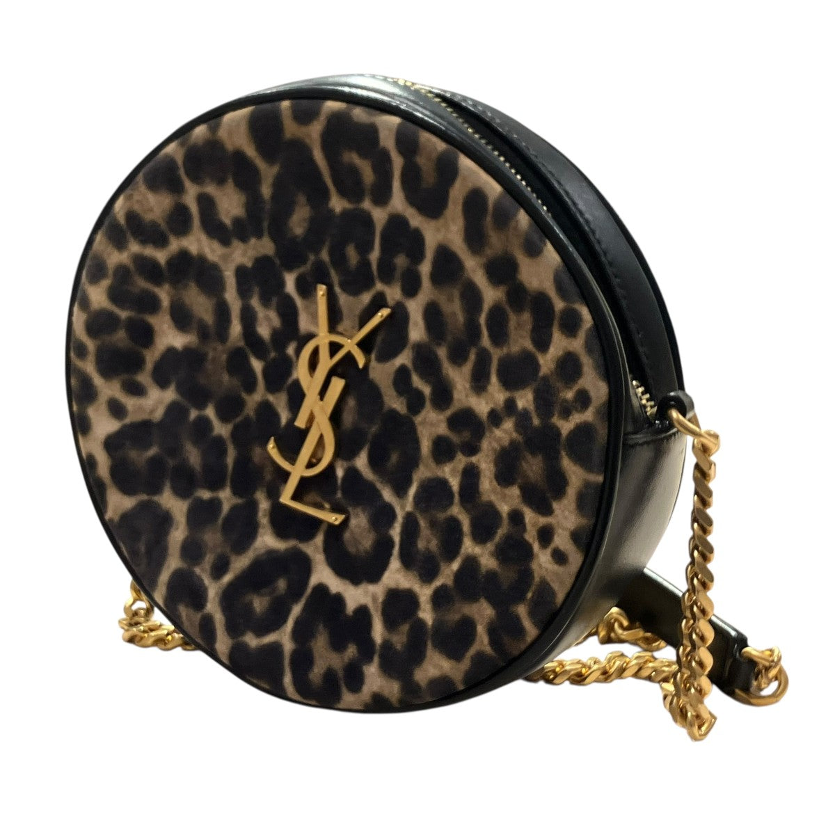ラウンドカメラバック ヴィニル スエ―ド＆スムースレザー レオパードプリントショルダーバッグ629458