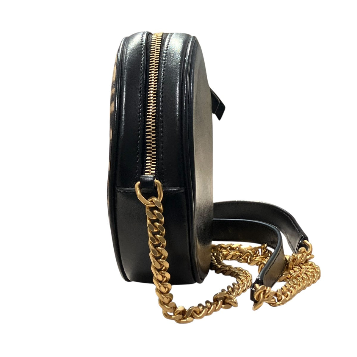 ラウンドカメラバック ヴィニル スエ―ド＆スムースレザー レオパードプリントショルダーバッグ629458