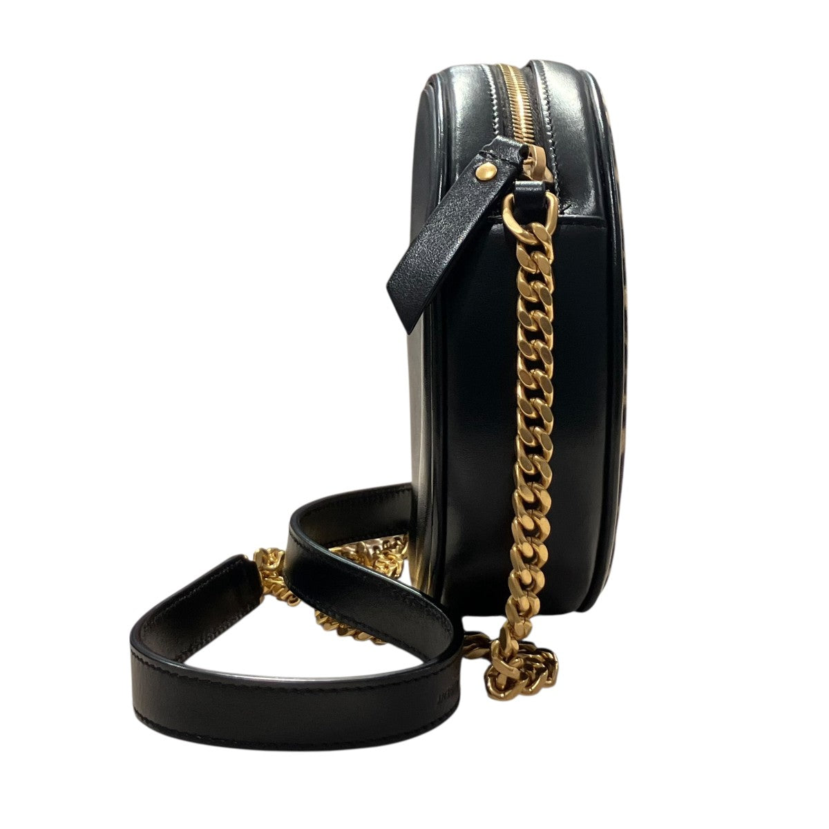 ラウンドカメラバック ヴィニル スエ―ド＆スムースレザー レオパードプリントショルダーバッグ629458