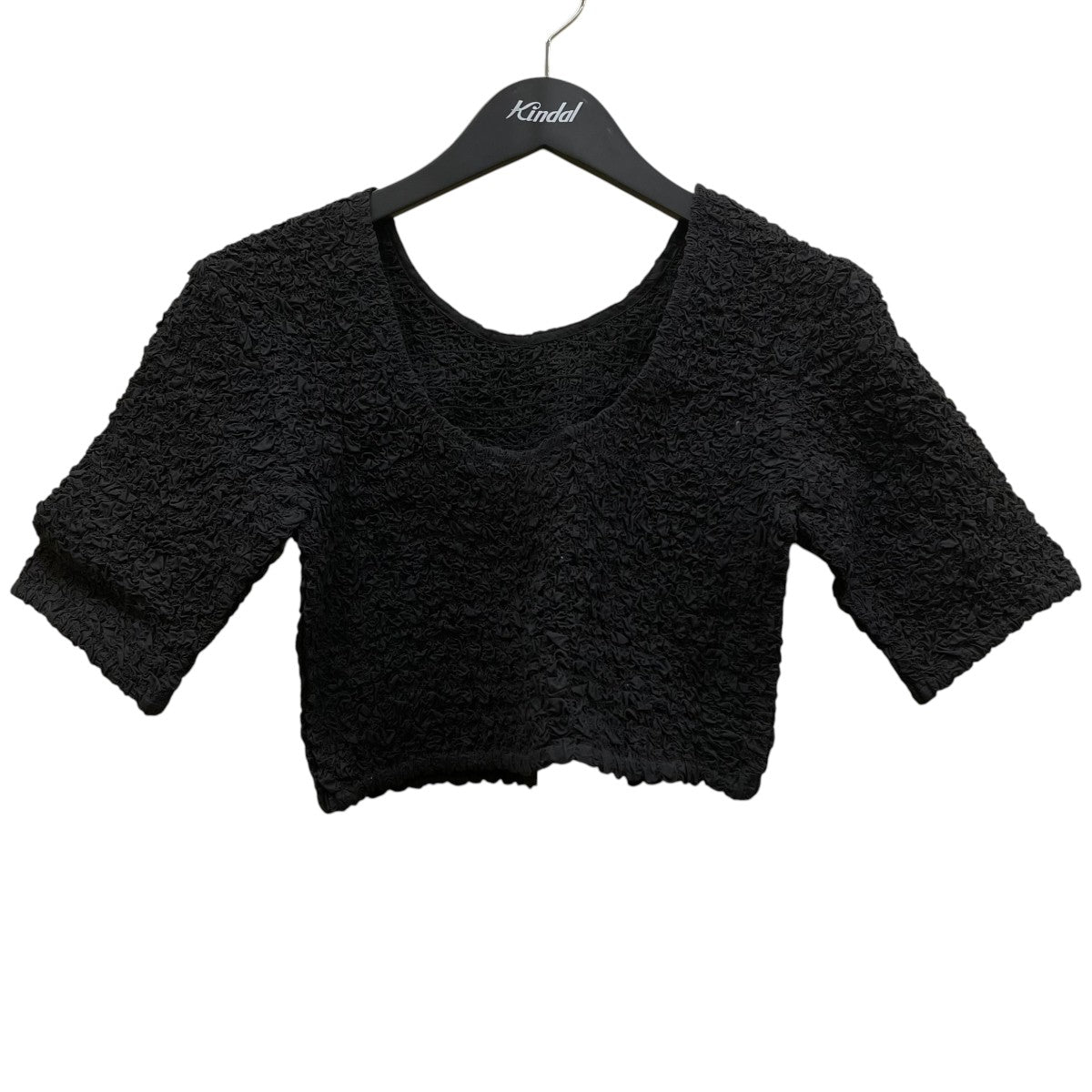 Ganni 23SSBlack Cotton Poplin O-neck Cropped Smock Top 五分袖カットソーシャーリング加工 短丈 半袖カットソーF8071 古着・中古-1枚目のアイテム画像