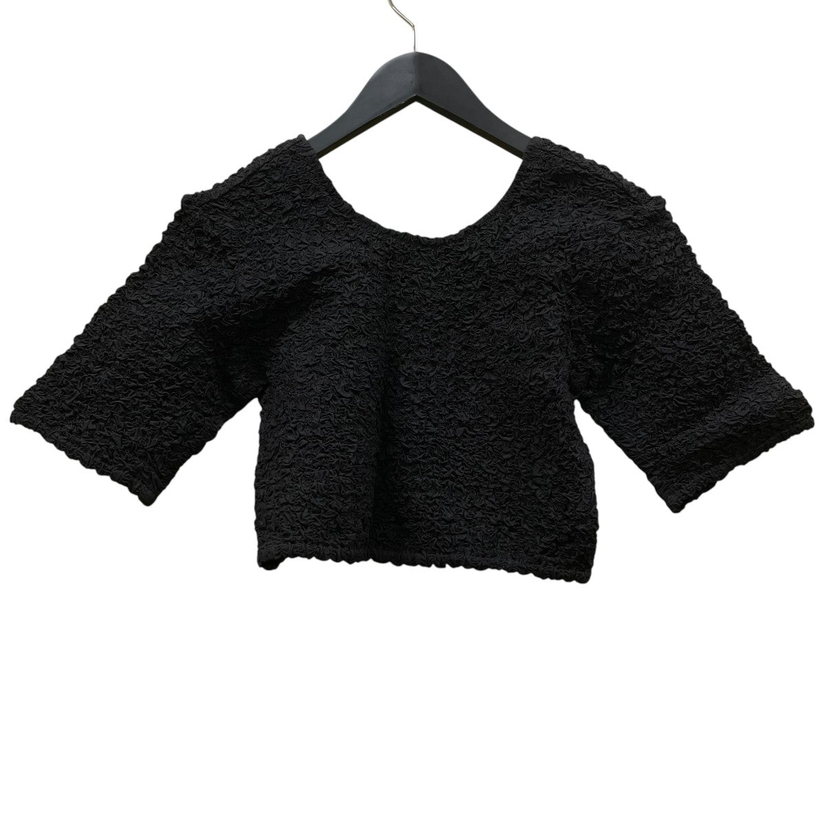 Ganni 23SSBlack Cotton Poplin O-neck Cropped Smock Top 五分袖カットソーシャーリング加工 短丈 半袖カットソーF8071 古着・中古-2枚目のアイテム画像