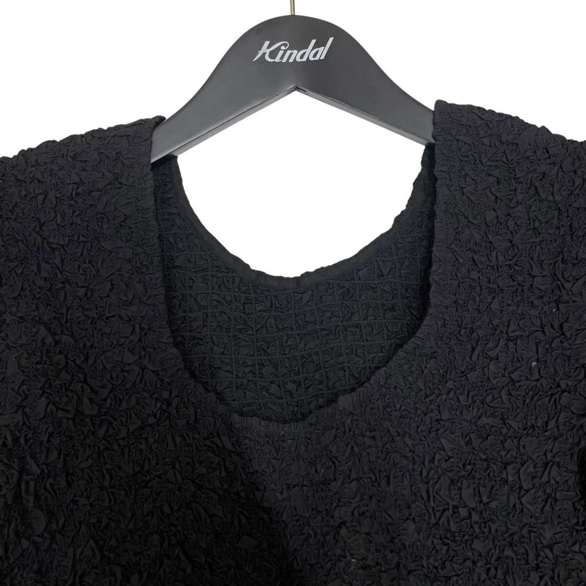 Ganni 23SSBlack Cotton Poplin O-neck Cropped Smock Top 五分袖カットソーシャーリング加工 短丈 半袖カットソーF8071 古着・中古-3枚目のアイテム画像
