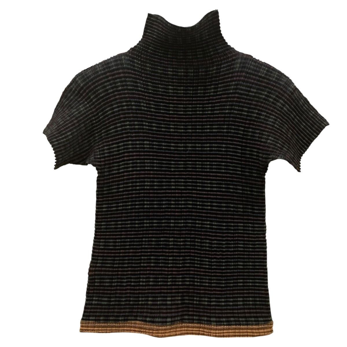 ISSEY MIYAKE ボトルネックチェック柄 プリーツ ハイネック 半袖トップスIM94FT905 古着・中古-2枚目のアイテム画像