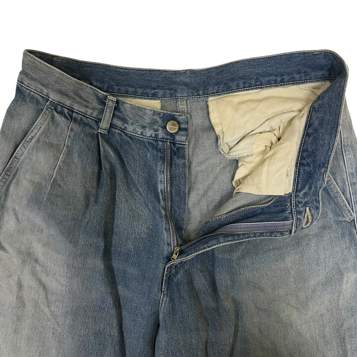 23SSSelvage Denim Two Tuck Pants セルビッジデニム ツータックパンツフェイド加工 ワイドテーパードシルエット デニムパンツGU231-40107LB