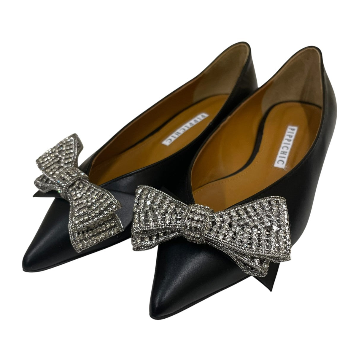 ANNA V JEWERLY 7 BLACK RIBBONビジューリボン ポインテッドトゥ パンプス