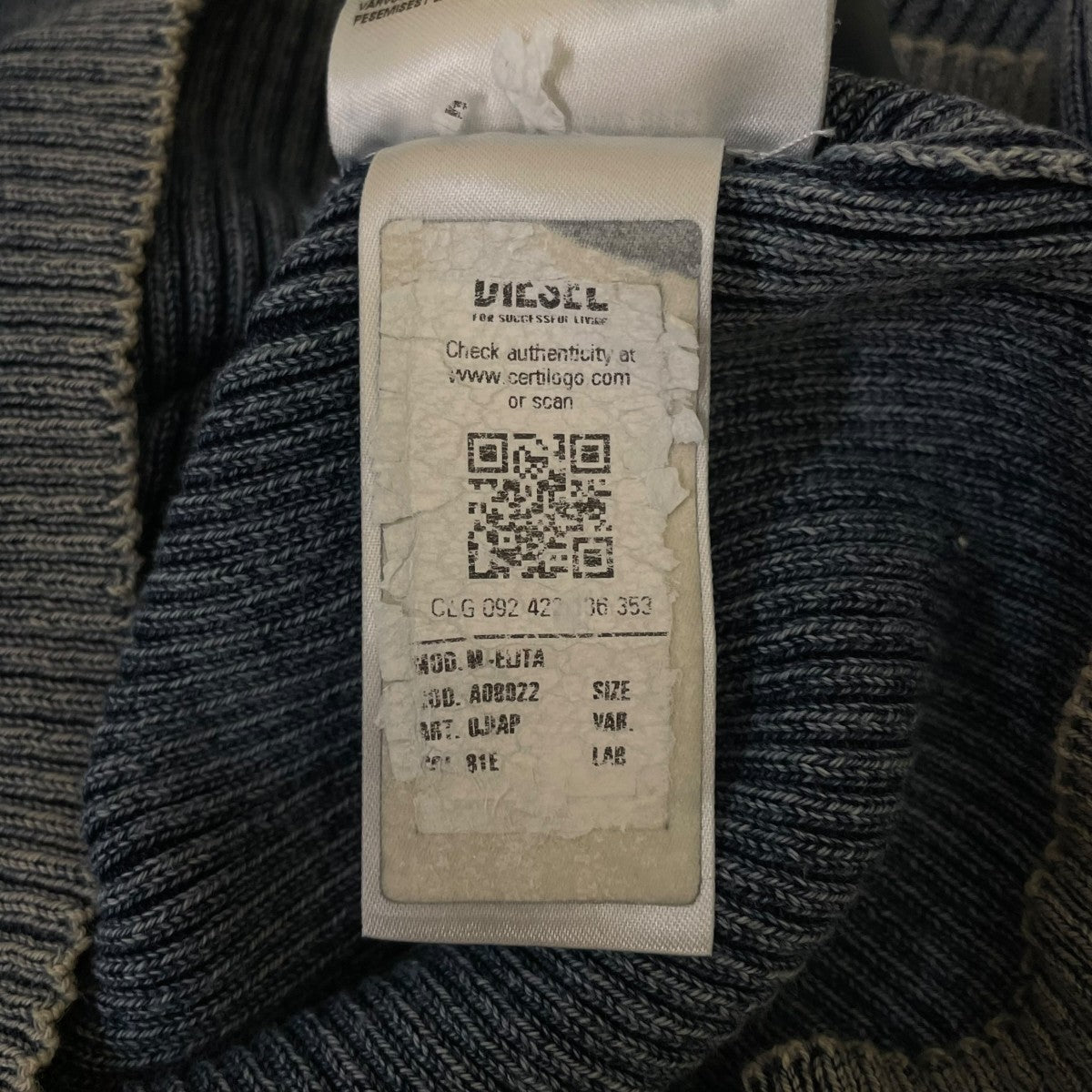 DIESEL フロントホック付き ウォッシュ加工 長袖リブニット ロングスリーブカットソー 古着・中古-5枚目のアイテム画像