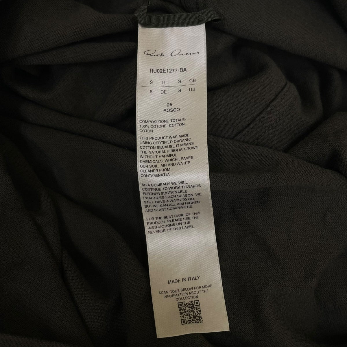 RICK OWENS 無地 コットン ロングスリーブカットソー 長袖TシャツRU02E1277-BA 古着・中古-5枚目のアイテム画像