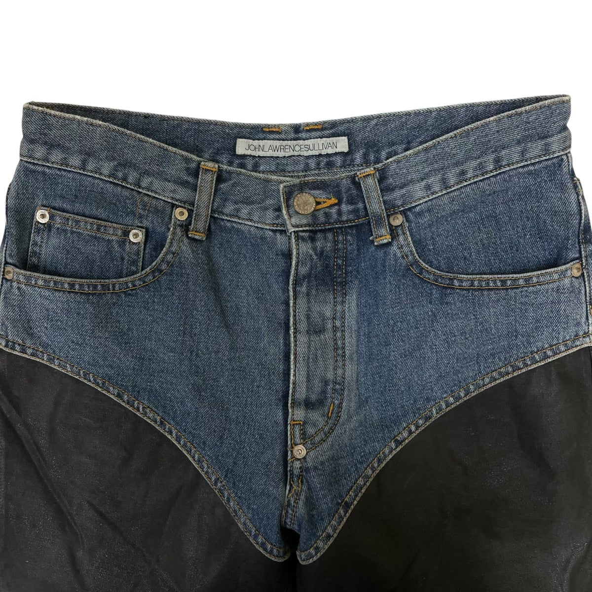 19AWコーティング切替デニムパンツレザー切替 ワイドパンツ2B007-0319-97