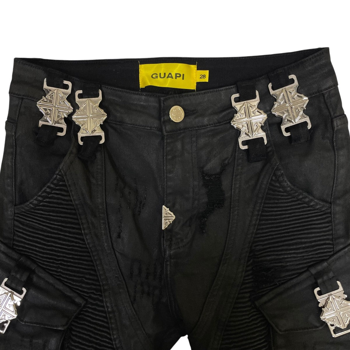 GUAPI BLACK OPS WAXED DENIMバイカーカーゴデニムパンツ フレアパンツ 古着・中古-3枚目のアイテム画像