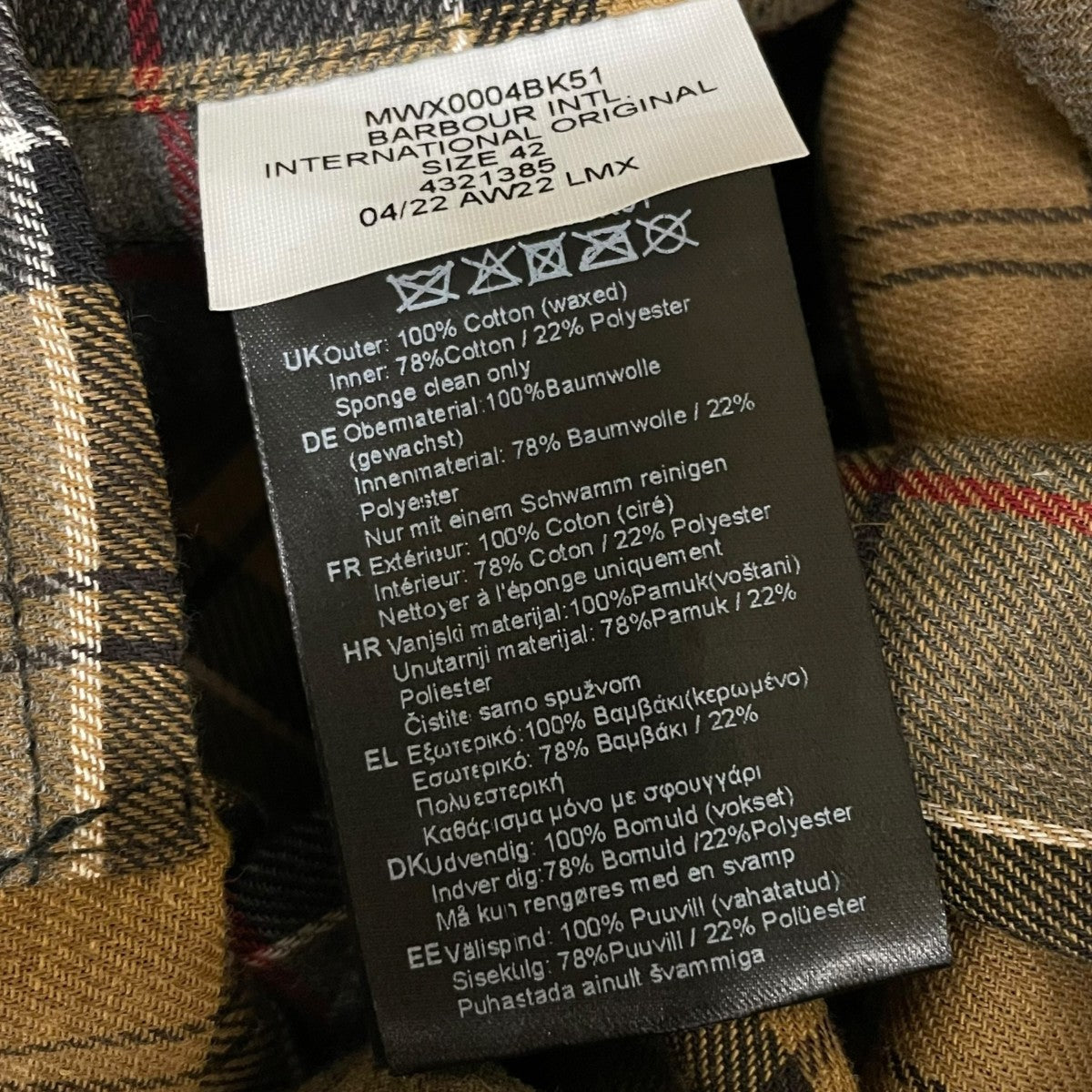 Barbour INTERNATIONAL ORIGINAL WAX JACKETインターナショナル オリジナル ワックスジャケットMWX0004BK51 古着・中古-7枚目のアイテム画像