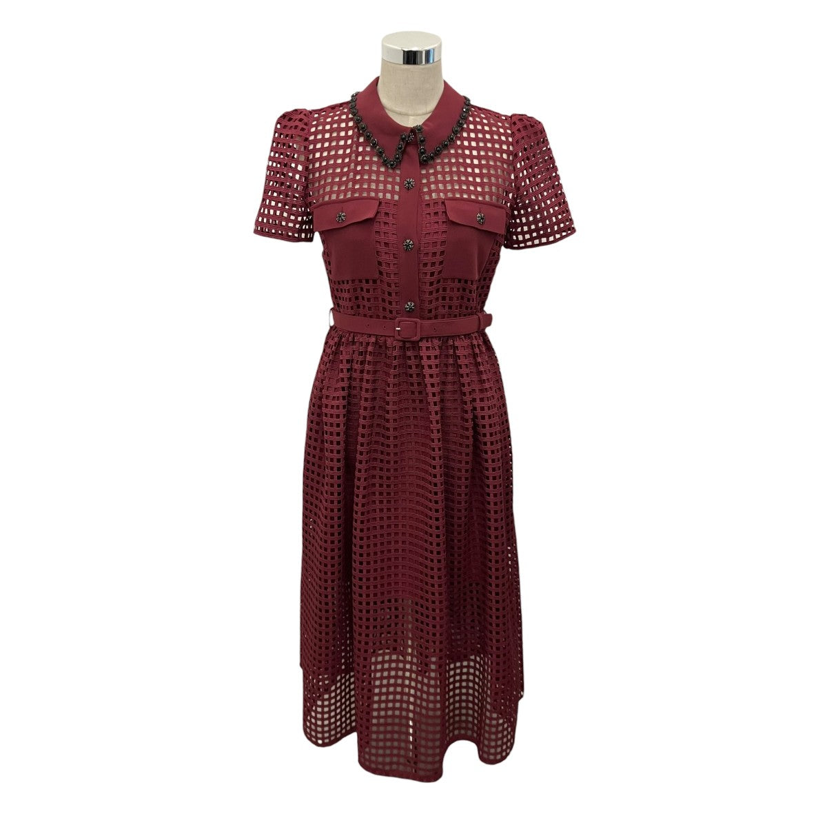 【BURGUNDY GRID LACE MIDI DRESS】ビジューワンピースRS23-921M-BU
