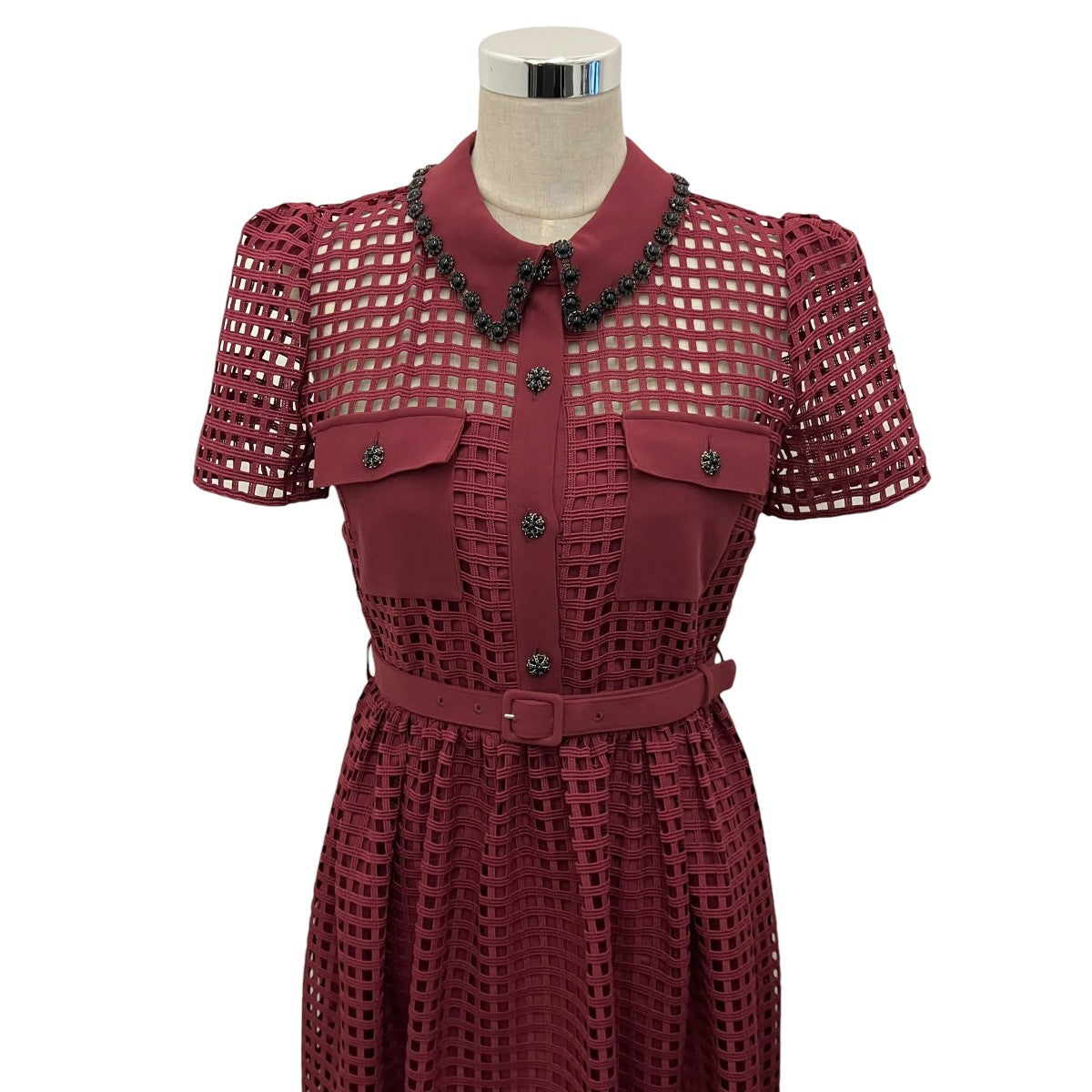 【BURGUNDY GRID LACE MIDI DRESS】ビジューワンピースRS23-921M-BU