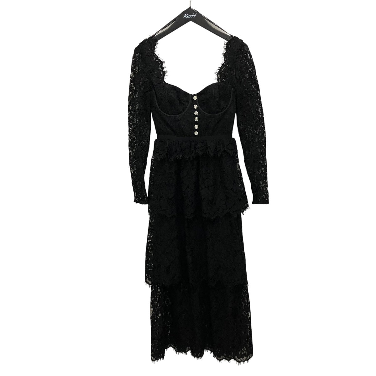 【BLACK FINE CORDED LACE TIERED MIDI DRESS】レースティアードワンピースAW20-111