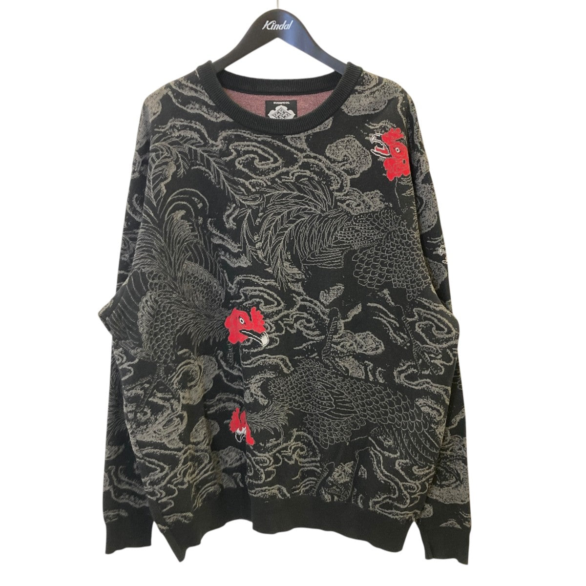 BUDSPOOL×GAKKIN 渦軍鶏 COTTON KNIT JACQUARD SWEATER BLACK総柄ニット 古着・中古-1枚目のアイテム画像