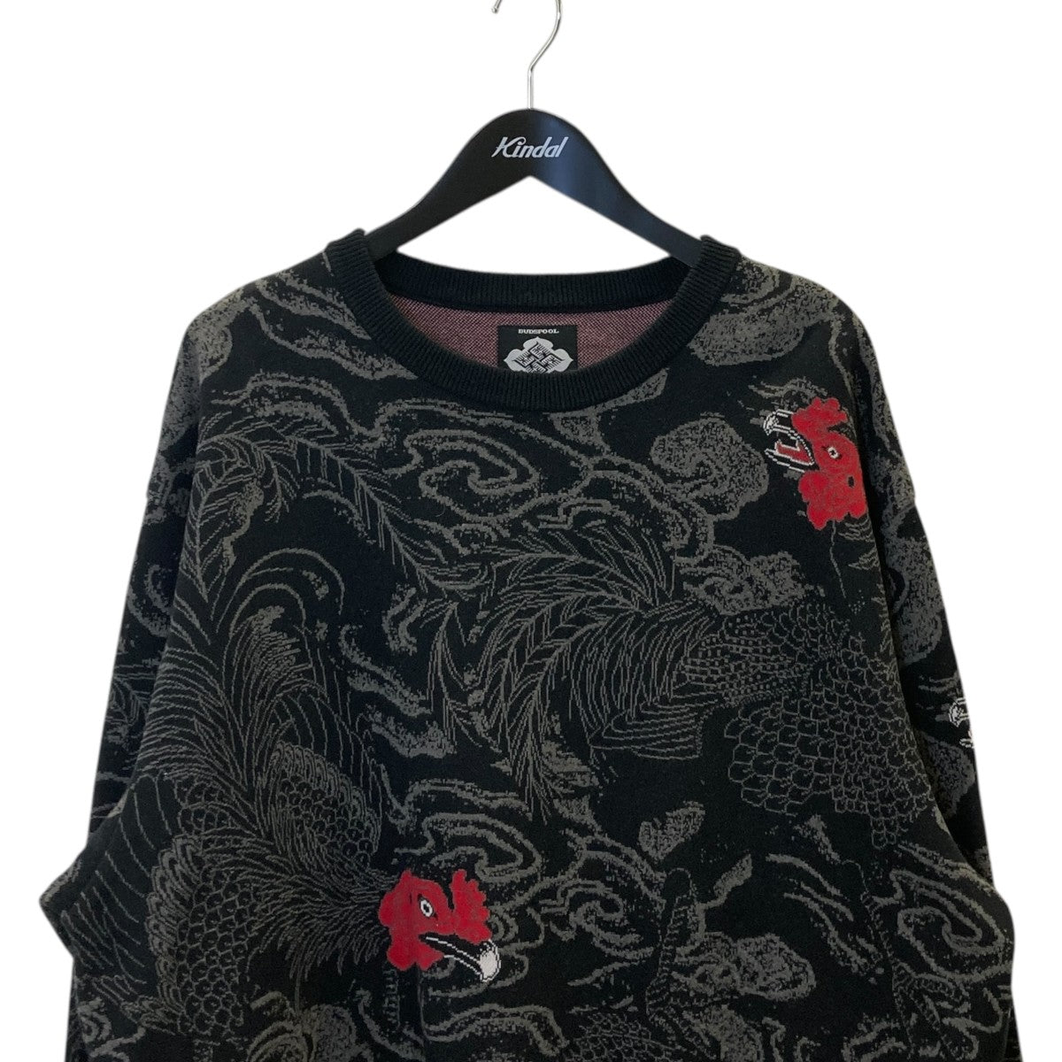 BUDSPOOL×GAKKIN 渦軍鶏 COTTON KNIT JACQUARD SWEATER BLACK総柄ニット 古着・中古-3枚目のアイテム画像